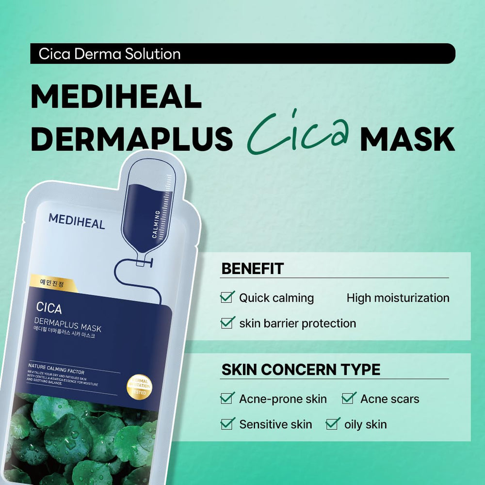 MEDIHEAL mask in use on face, illustrating easy application and instant soothing effect