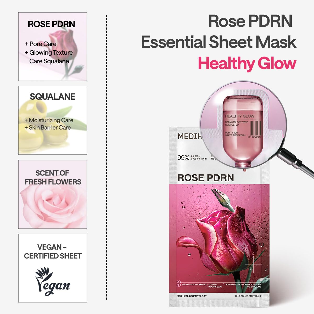 MEDIHEAL mask applied on model, demonstrates contour fit and instant glow benefit