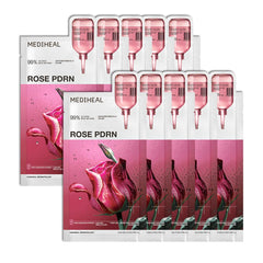 MEDIHEAL front packaging showing ten sheet masks, clear product info and glow benefit