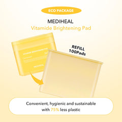 MEDIHEAL pad saturated with essence, highlighting vitamin-rich formula for visible brightening