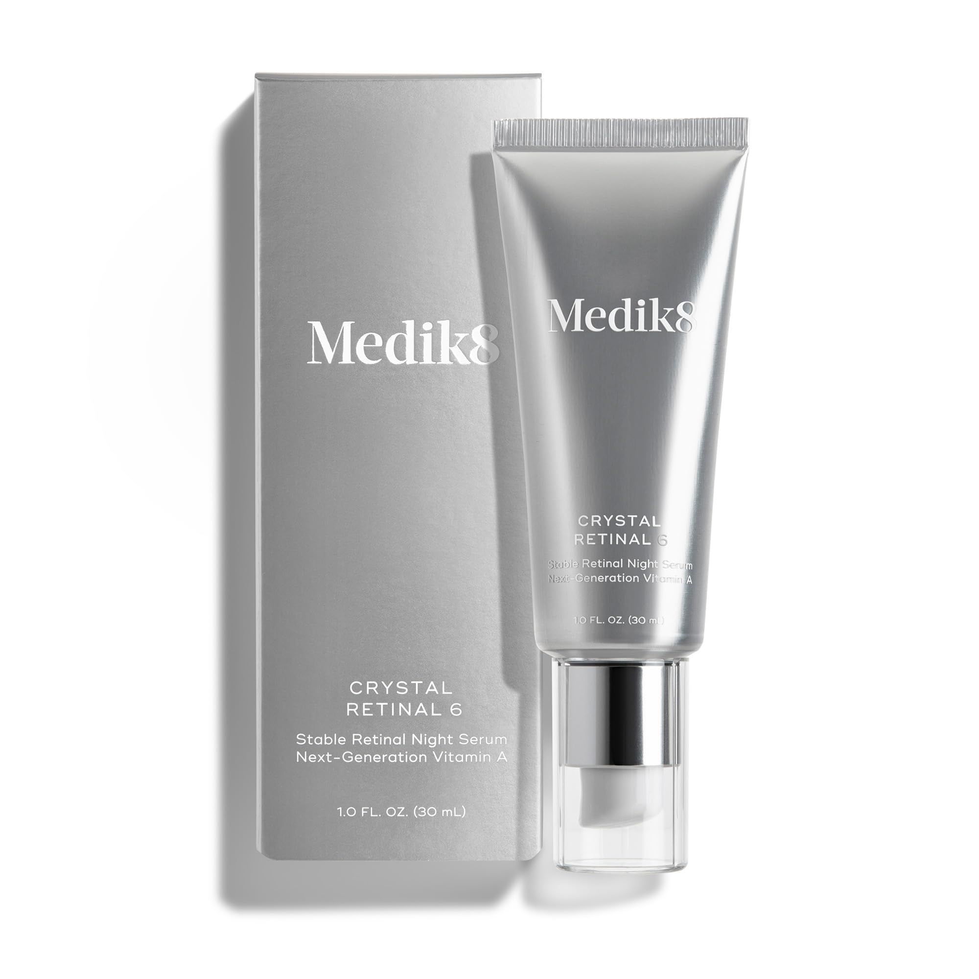 Medik8 front bottle view showing sleek packaging and nightly serum benefit