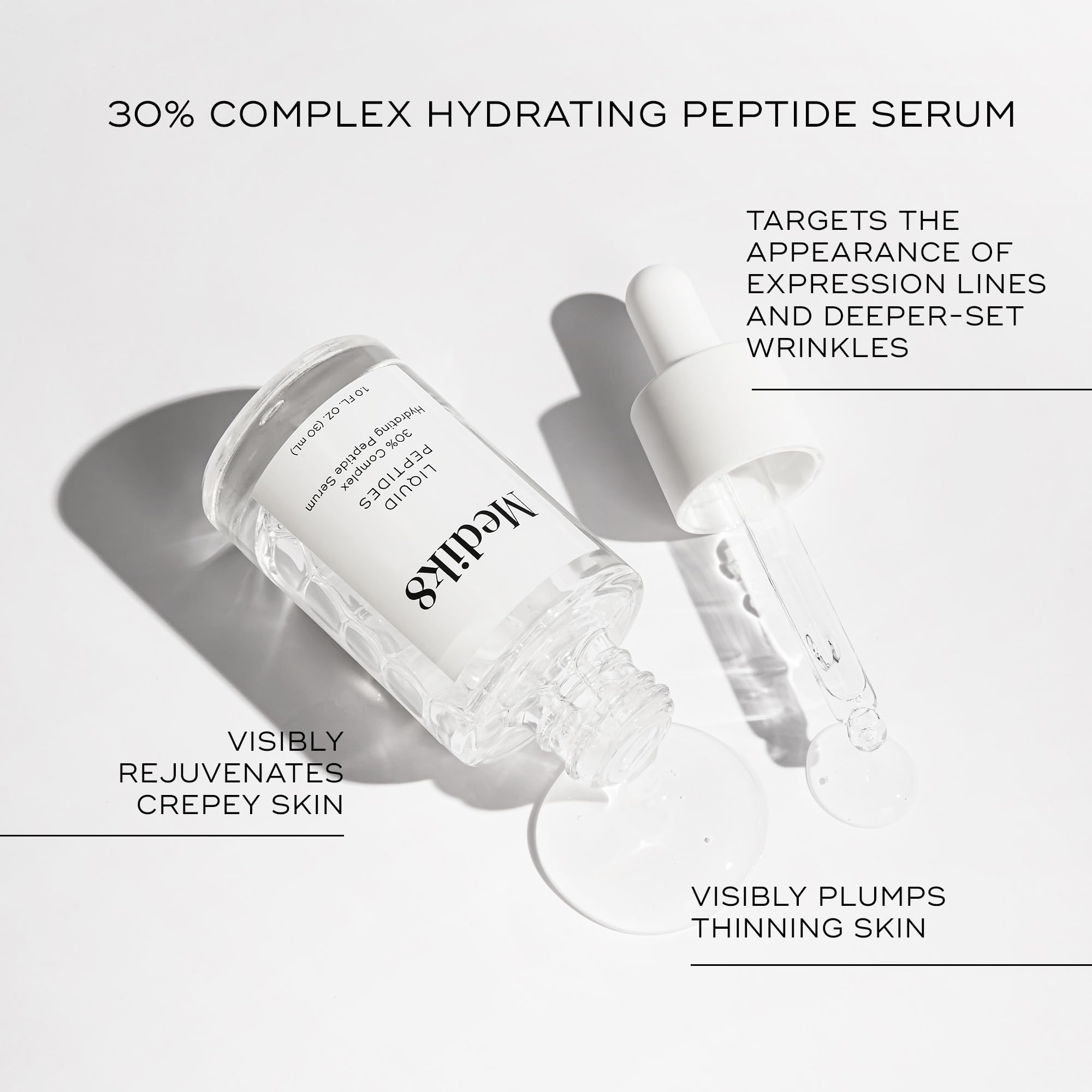 Medik8 Liquid Peptides application on skin illustrating smooth absorption and plumping