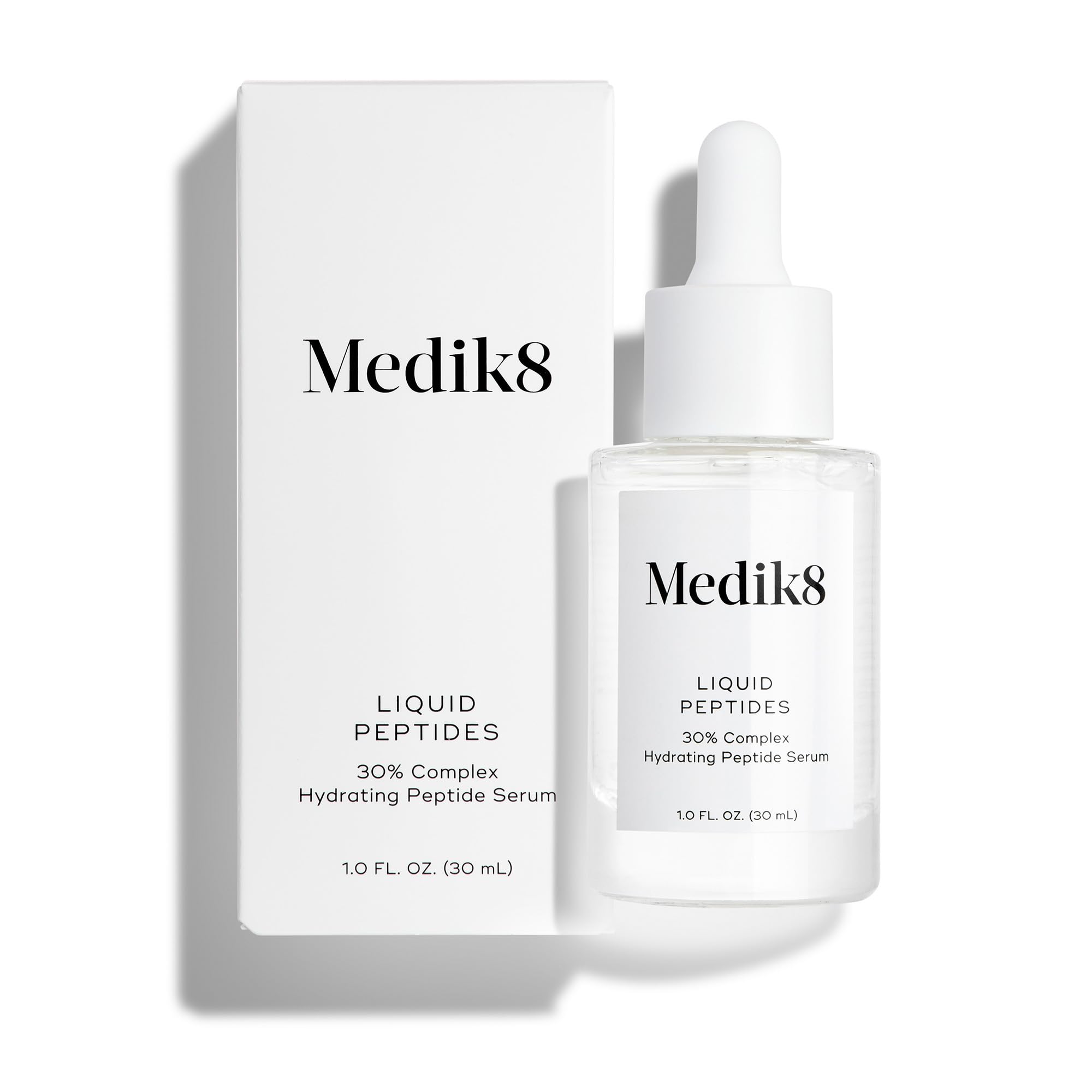 Medik8 Liquid Peptides front bottle shows clean packaging and fast‑absorbing serum benefit