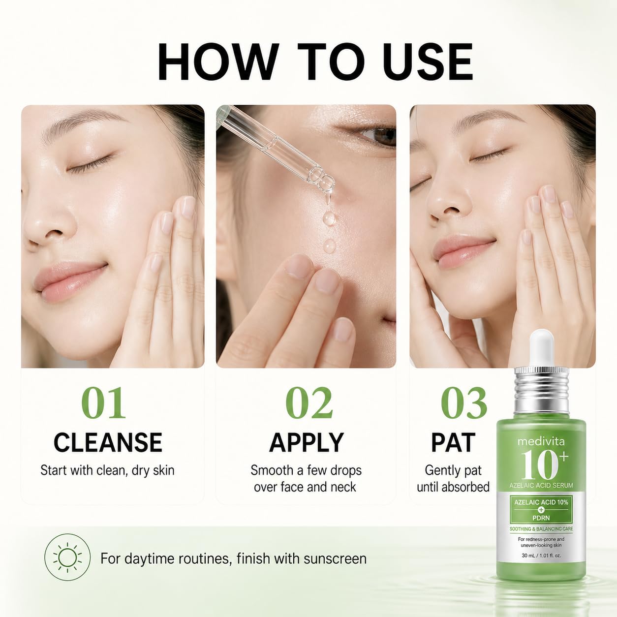 medivita bottle with Centella leaves emphasizing soothing botanical support