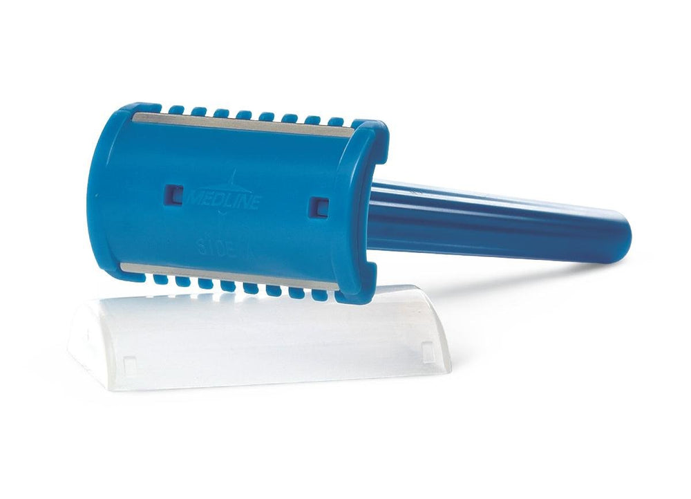 Medline razor front view showing blue handle and double-sided blade, clear clinical control