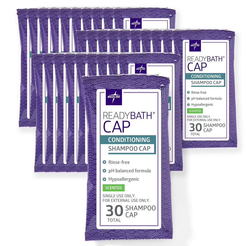 Medline ReadyBath cap front packaging showing 30-count and benefits