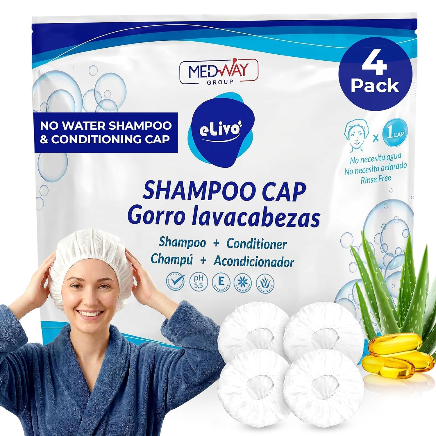MedVance front packaging showing four no-rinse shampoo caps and benefits