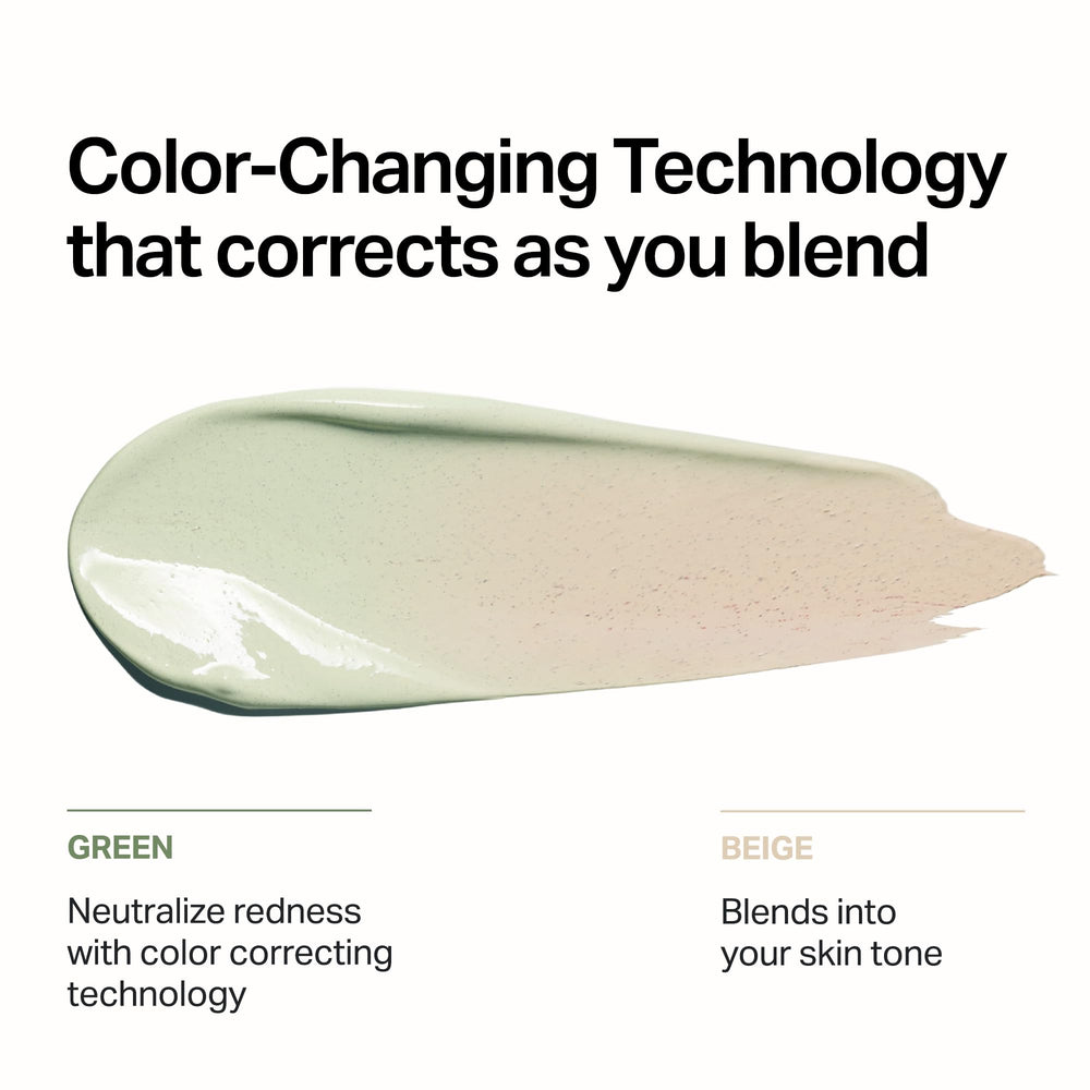 Meebak application on face blending green-to-beige for even tone benefit