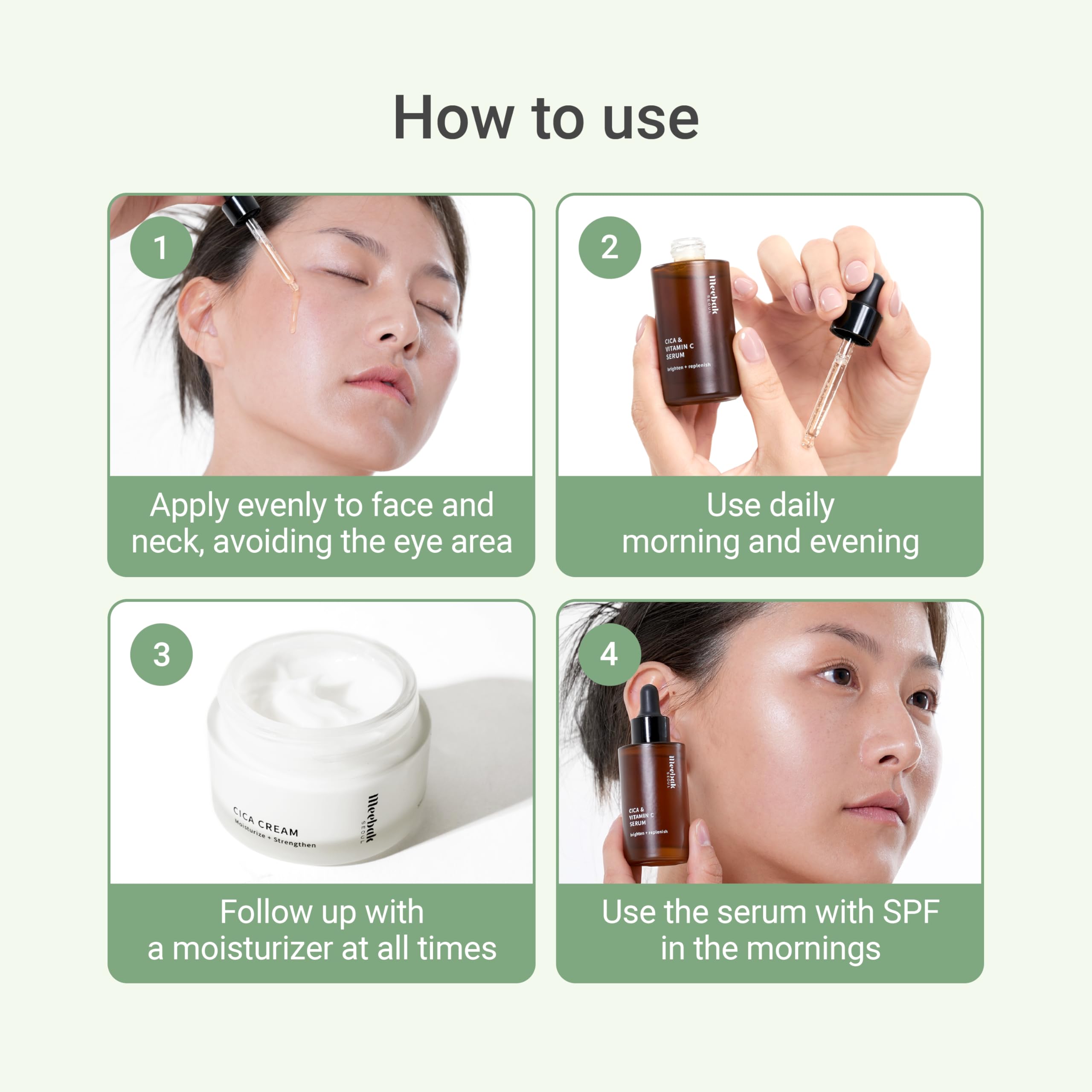 Meebak before and after comparison illustrating visible brightening and calmer skin