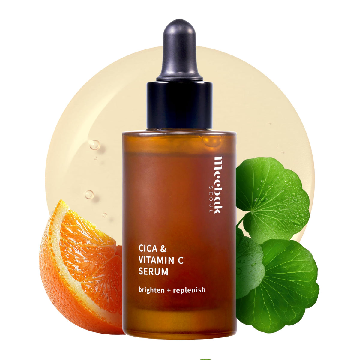 Meebak front bottle view showing clean packaging and gentle brightening benefits