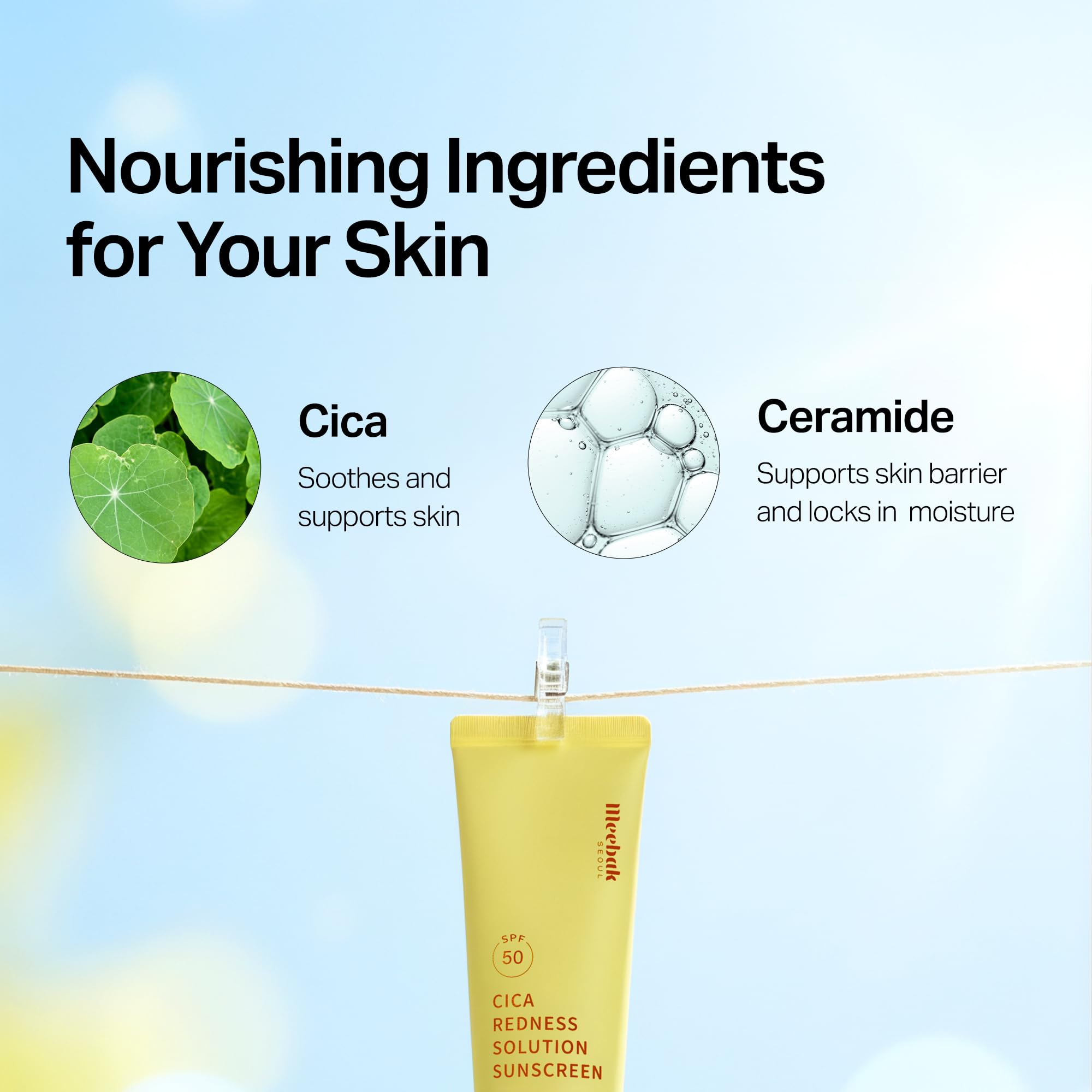 Meebak ingredients label detail highlighting cica and ceramides benefit