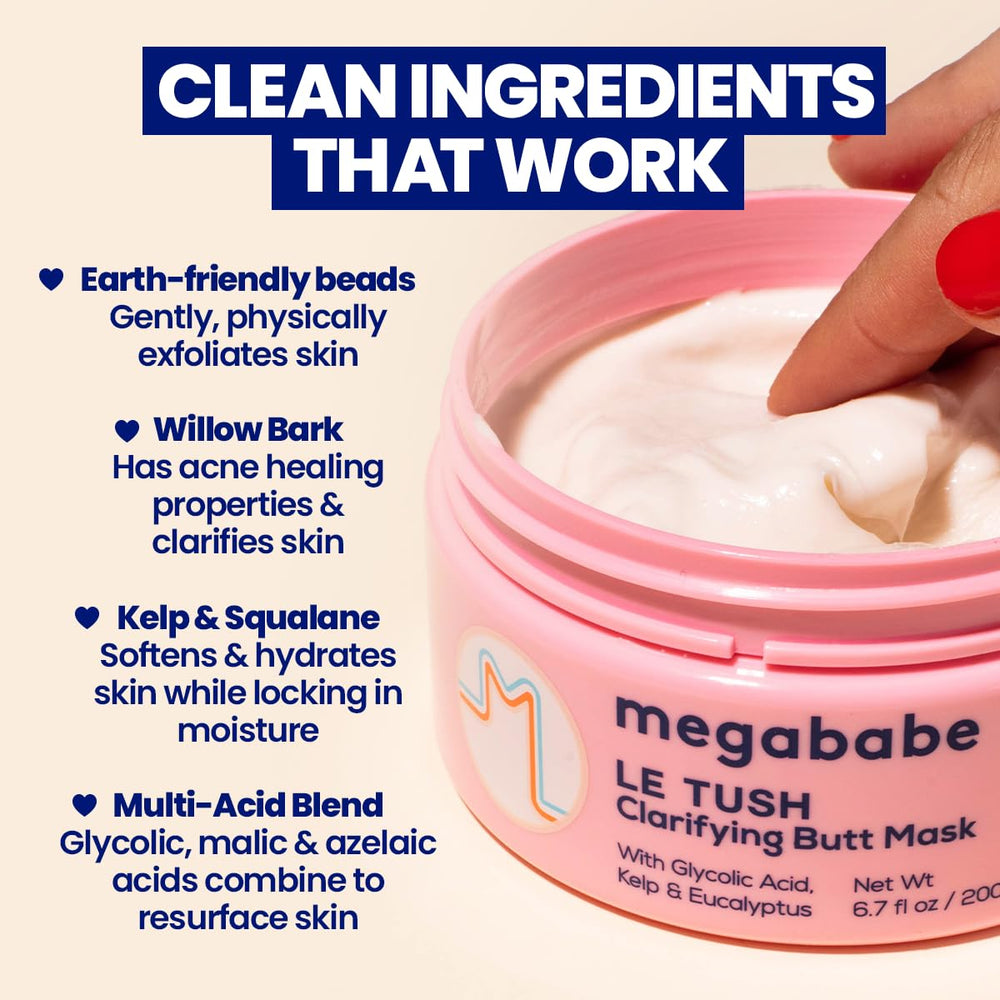 Megababe mask being applied to butt demonstrating targeted clarification benefit