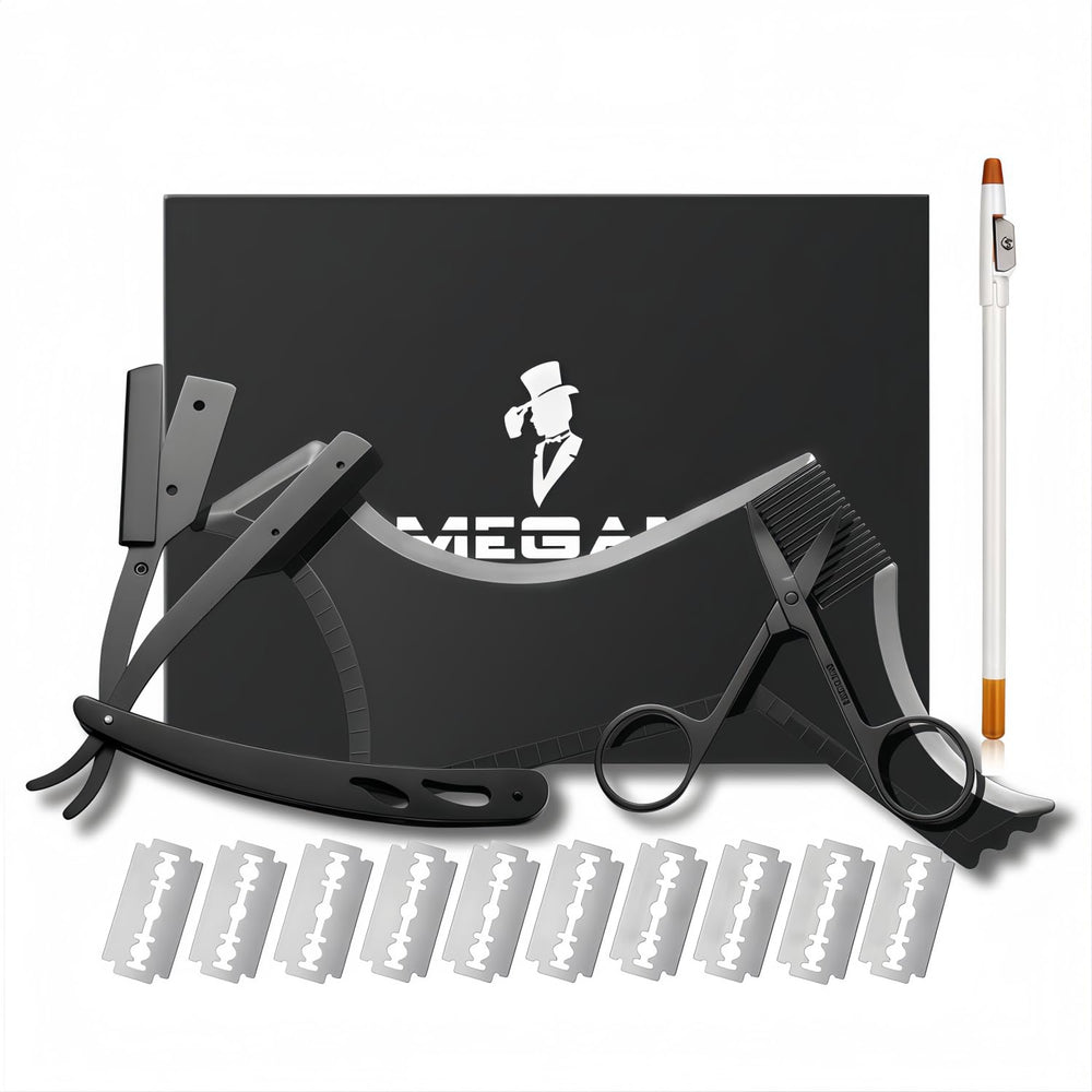 Megan front view of kit and tools for precise home beard grooming