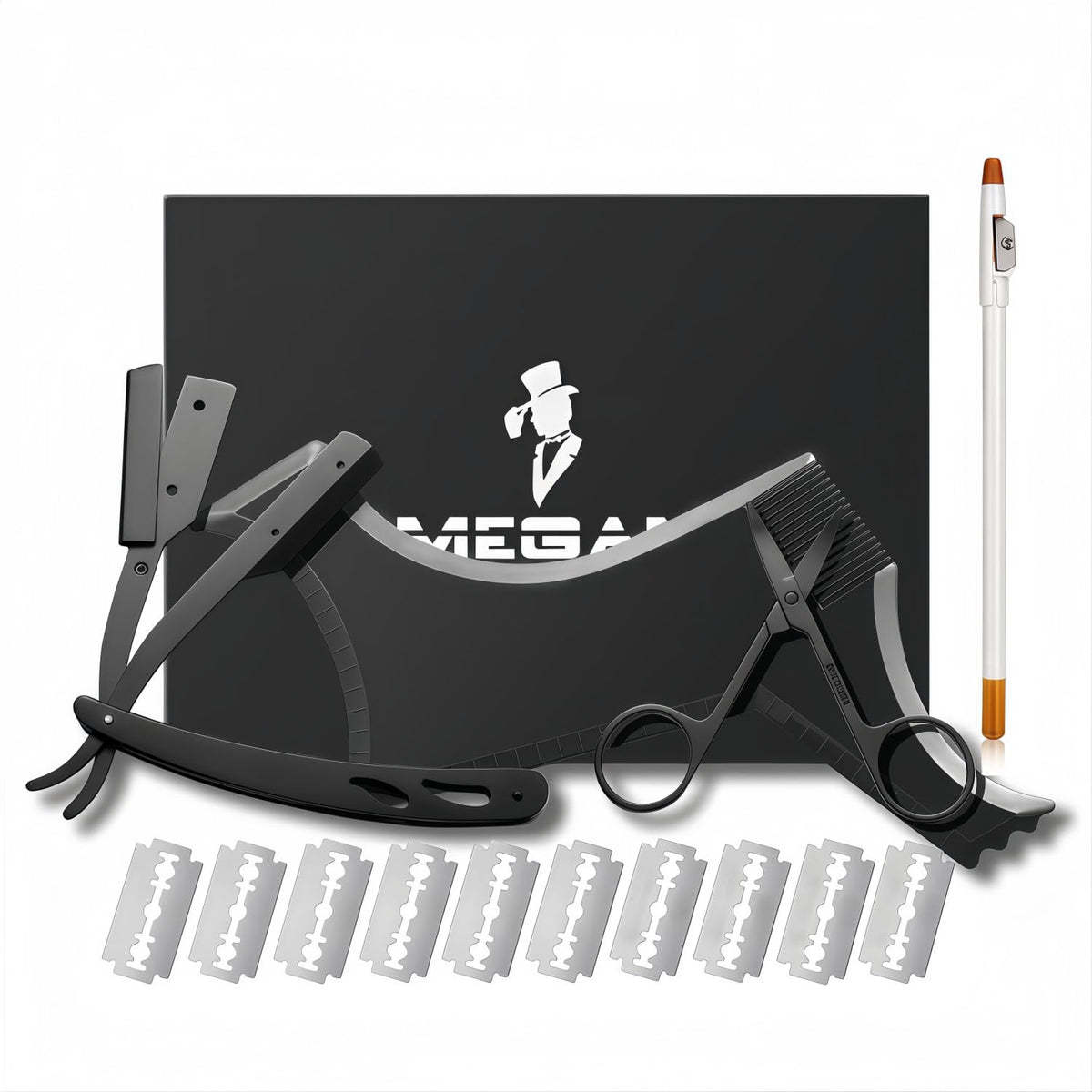 Megan front view of kit and tools for precise home beard grooming