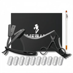 Megan front view of kit and tools for precise home beard grooming