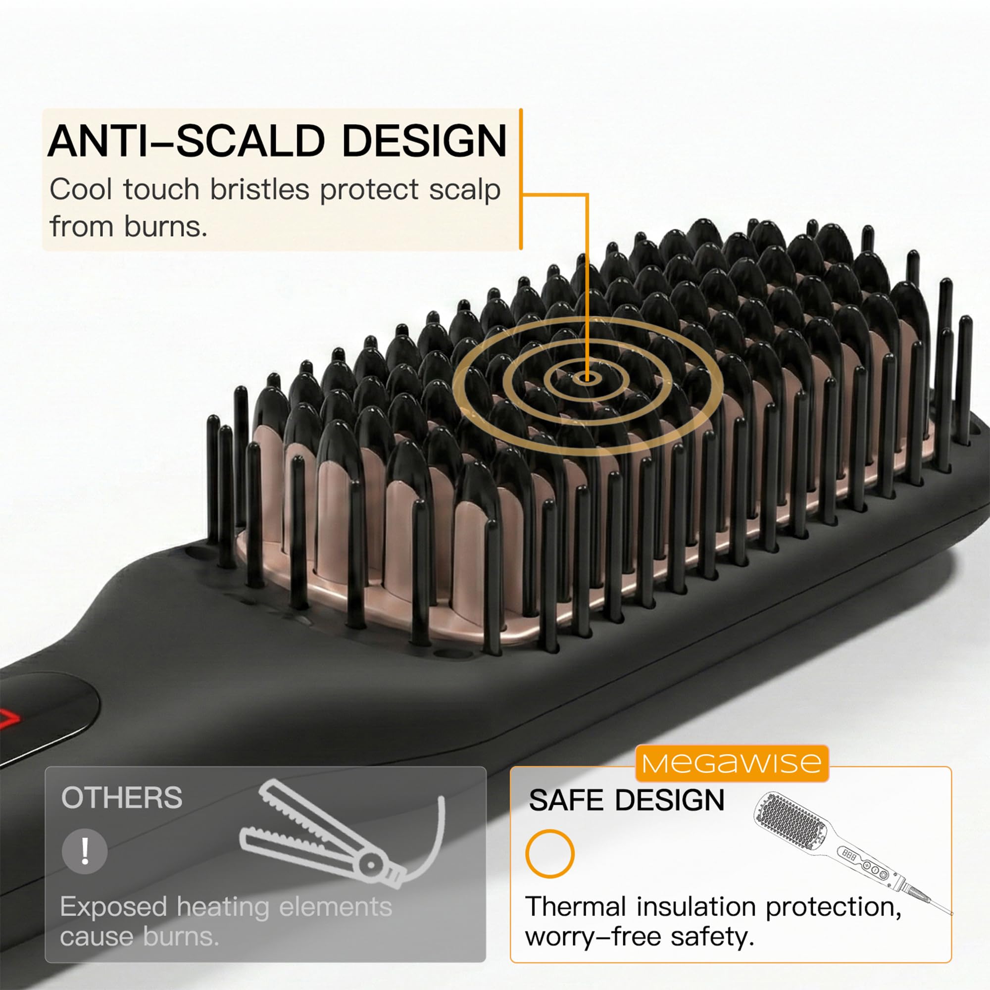 MEGAWISE straightener brush smoothing hair to show quick styling and shine