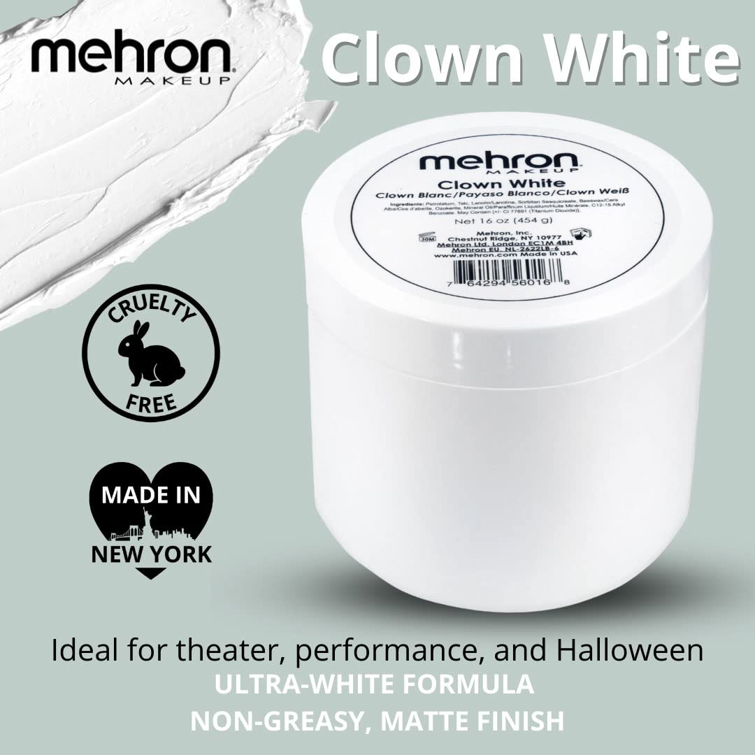 Mehron Clown White applied with sponge illustrating quick, streak-free coverage benefit