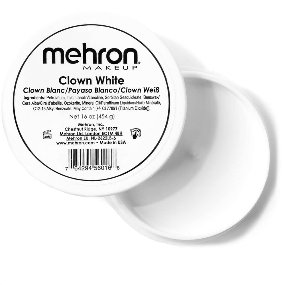 Mehron Clown White front tub showing brand and benefit: professional full coverage