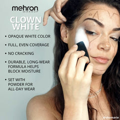 Mehron Makeup clown white full face stage look delivering high-opacity visibility