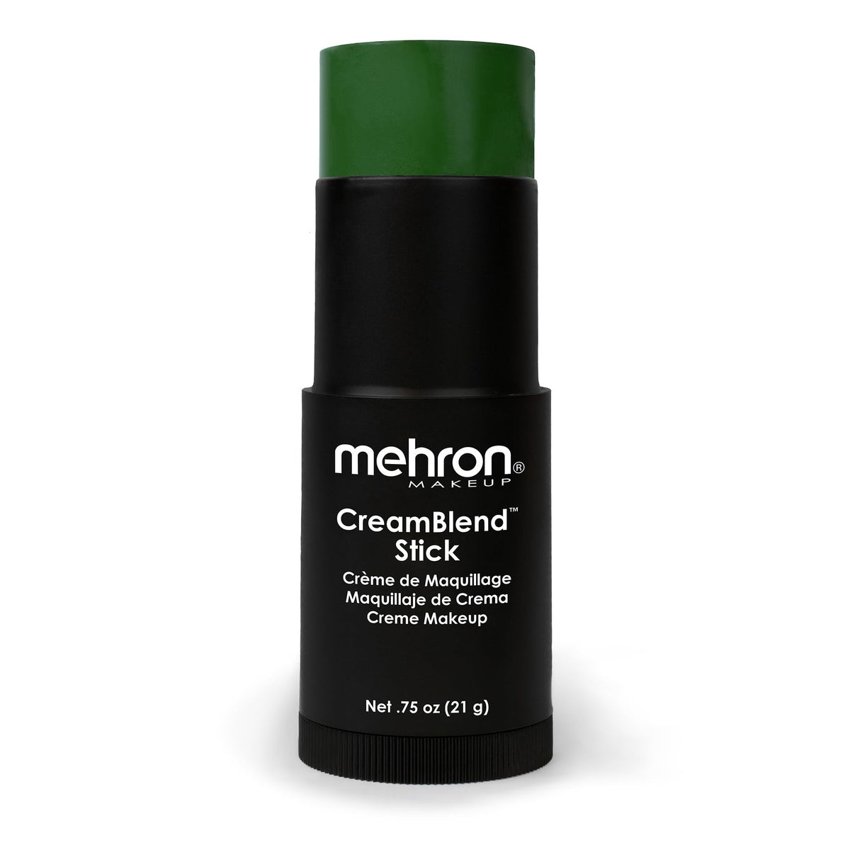 Mehron CreamBlend Stick front view showing smooth green cream and clear branding benefit: professional pigment