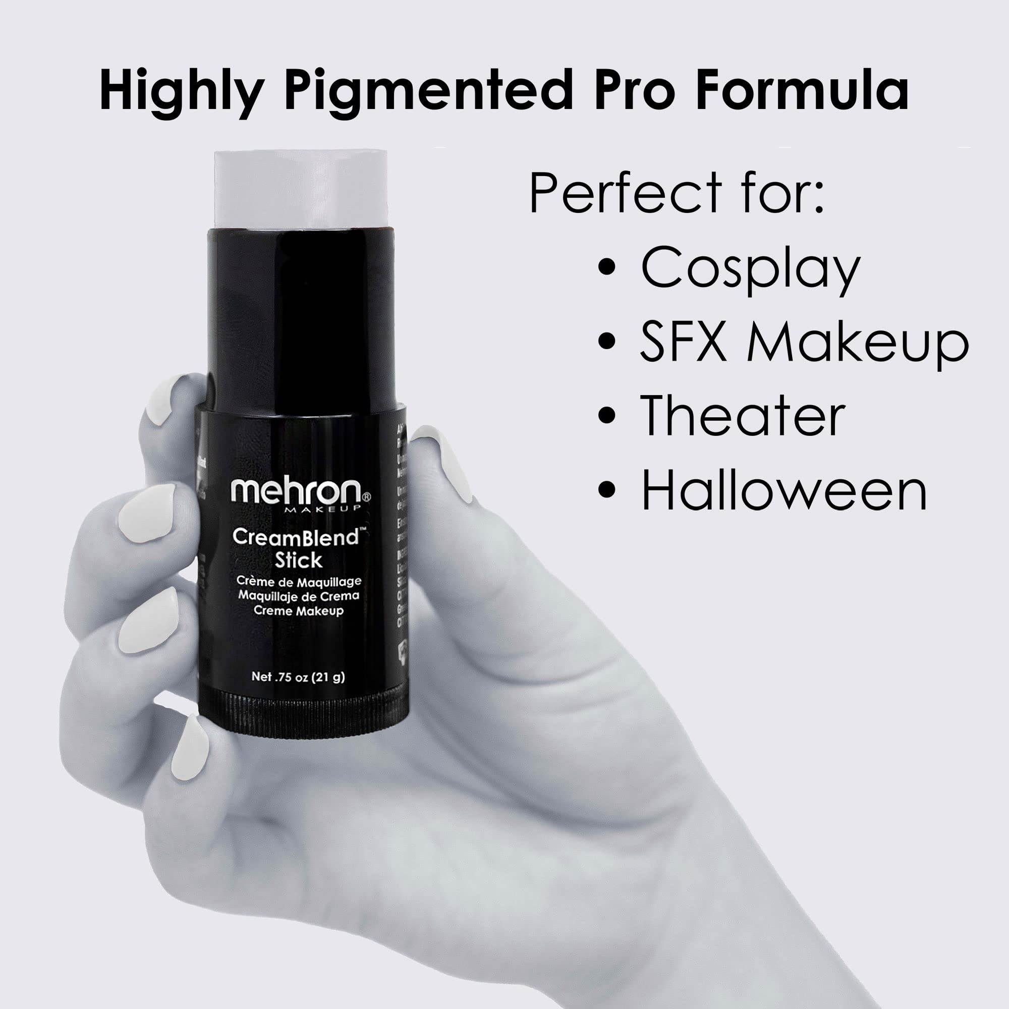 Mehron Makeup CreamBlend Stick applied to model showing contouring benefit and stage-ready look