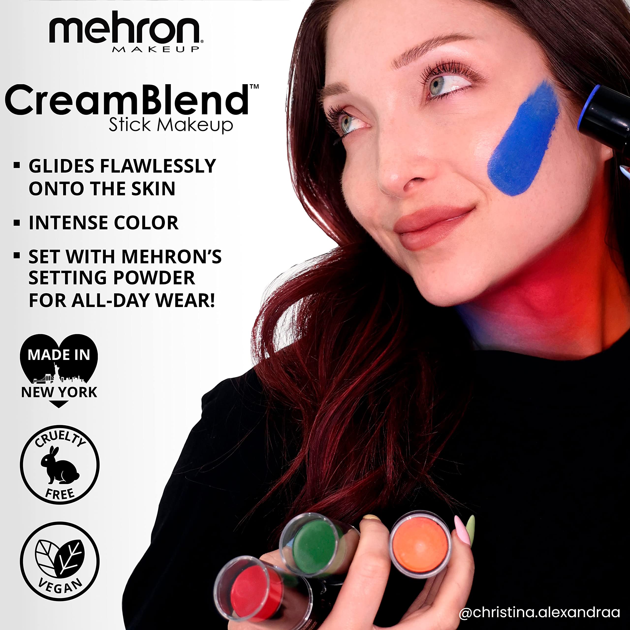 Mehron Makeup CreamBlend Stick size comparison next to tools showing portable kit-friendly benefit