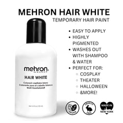 Mehron Hair White applied to hair demonstrating even white coverage benefit