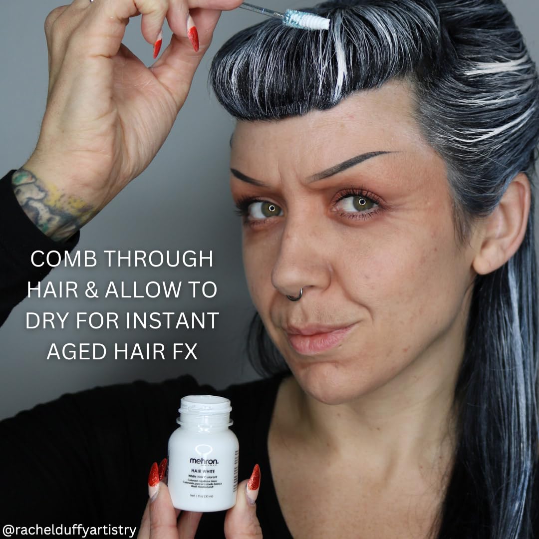 Mehron Hair White on wig showing reliable adhesion and realistic finish benefit