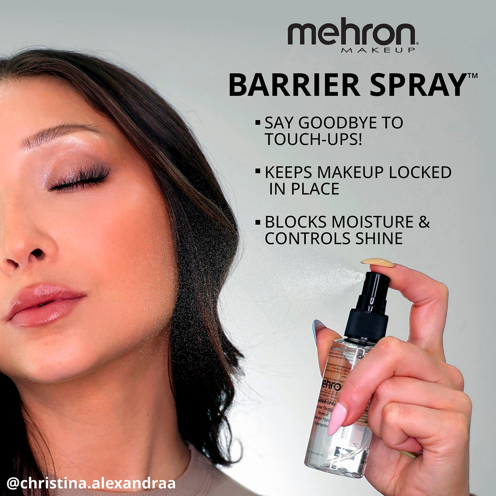 Mehron Makeup fine mist in air demonstrating even coverage and long wear