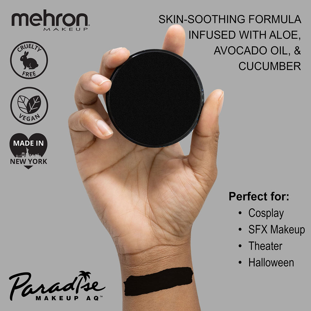 Mehron Makeup Paradise AQ Black brush swatch demonstrating intense, buildable color coverage