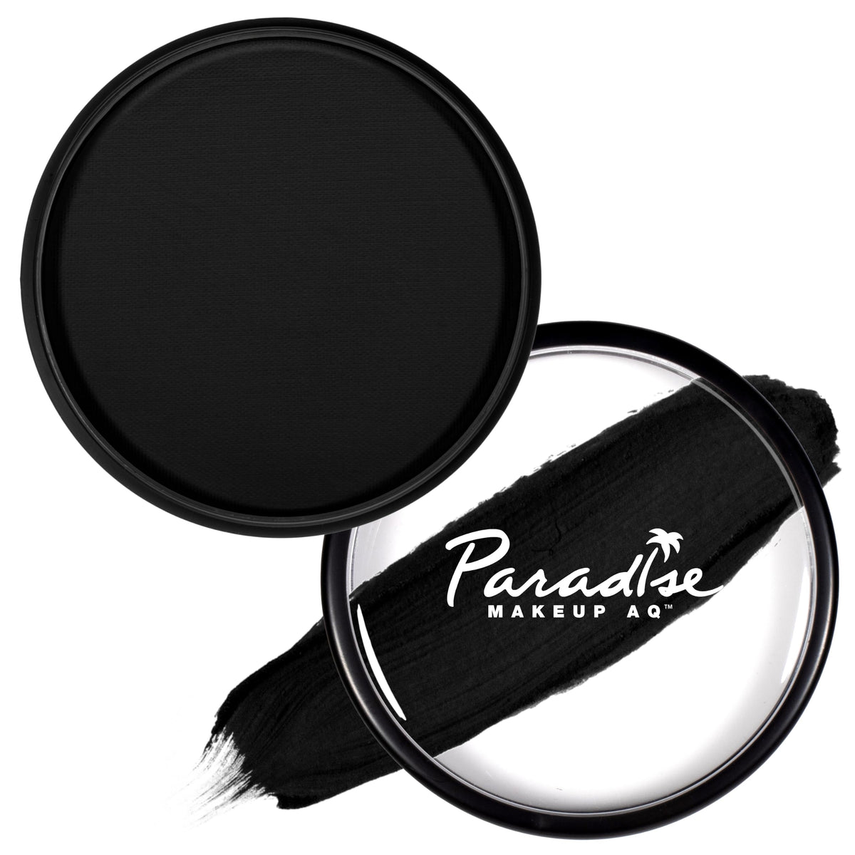 Mehron Makeup Paradise AQ Black pan showing deep matte pigment and professional payoff