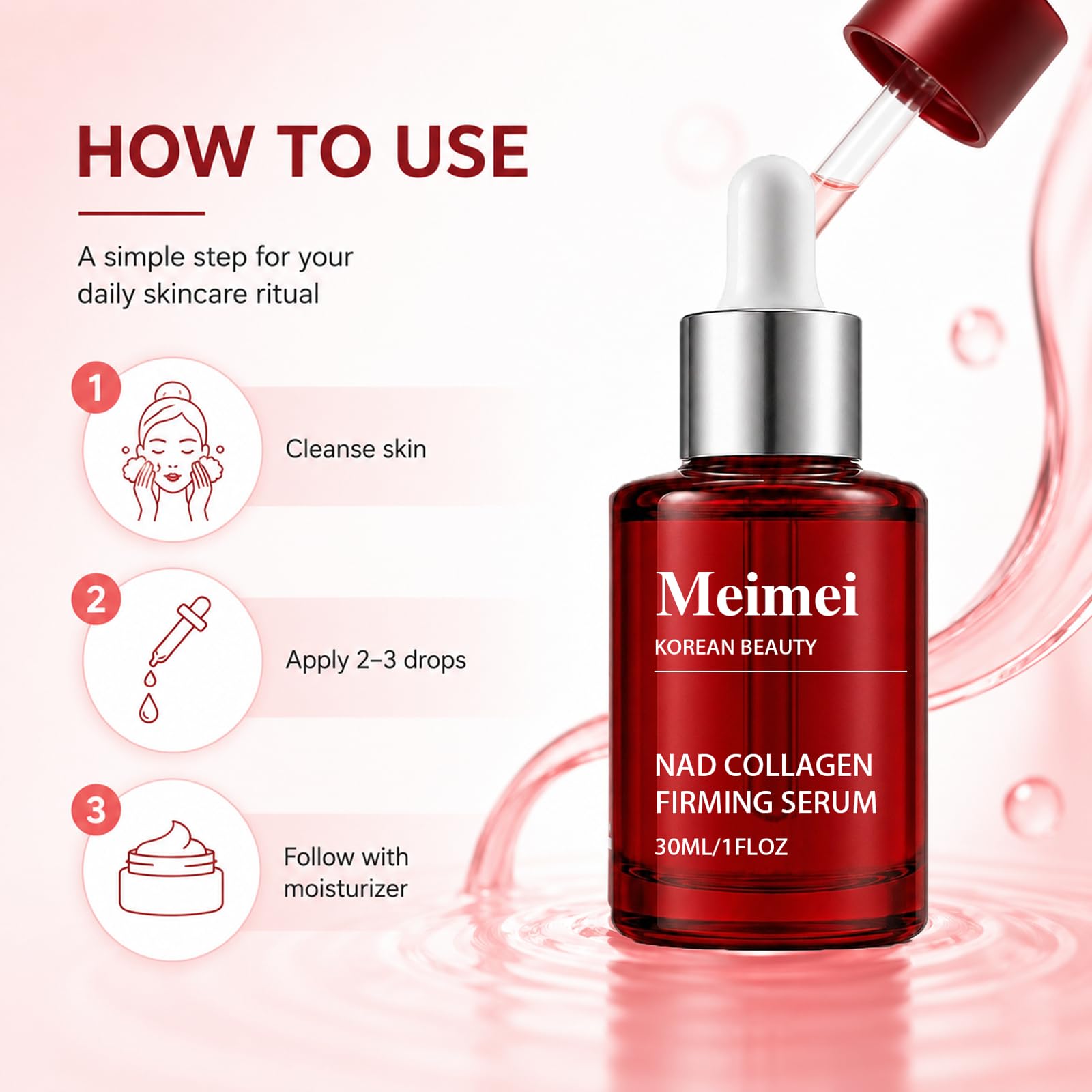 Meimei bottle on bathroom counter lifestyle shot suggesting daily routine integration