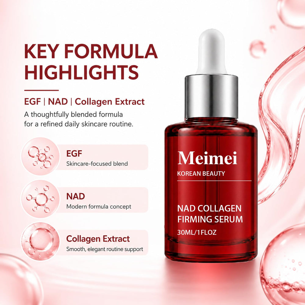 Meimei ingredients label close-up showing NAD+, EGF, and collagen peptide list