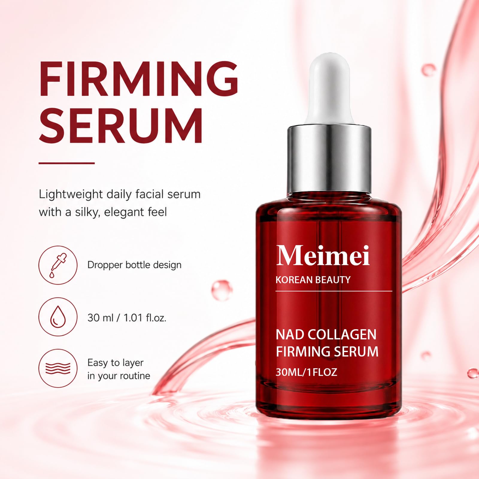 Meimei applying serum to neck highlighting lifting and smoothing benefits