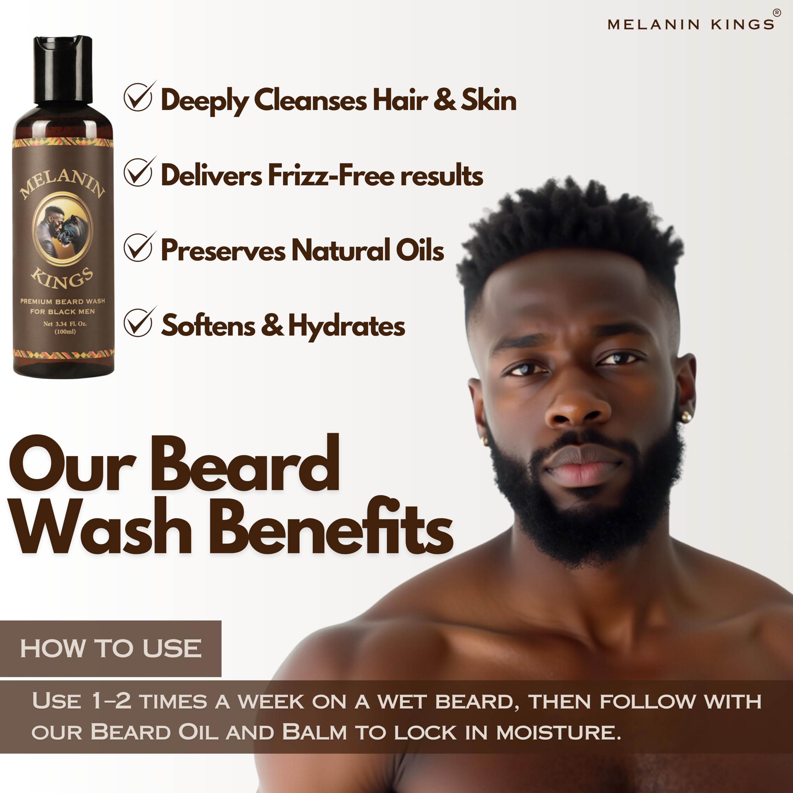 Melanin Kings beard oil being applied to facial hair to reduce itch and dryness