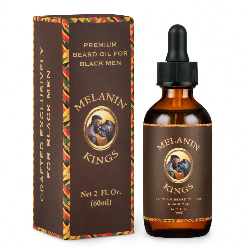 Melanin Kings front packaging showing premium beard oil and benefits