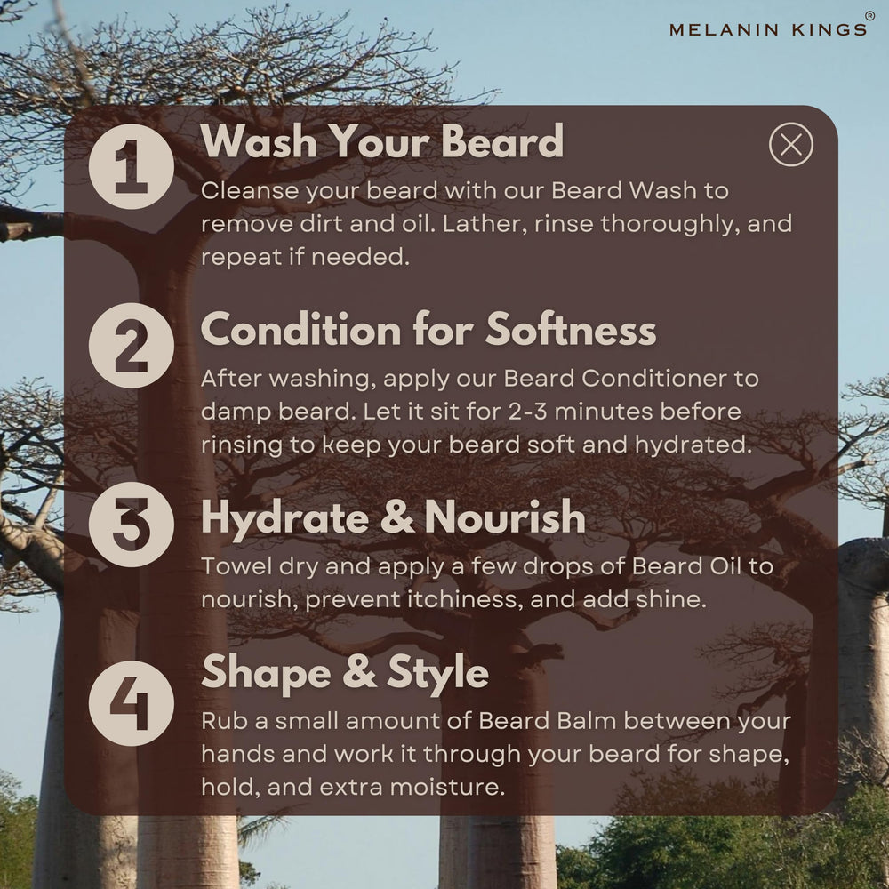 Melanin Kings groomed man outdoors illustrating polished beard look