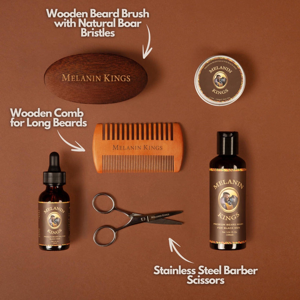 Melanin Kings wooden comb and boar-style brush close-up for detangling and distribution