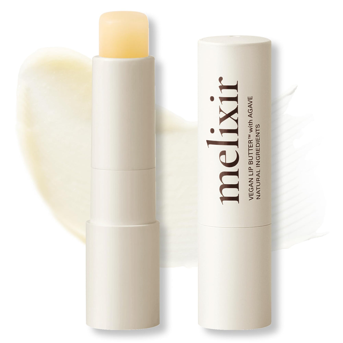 Melixir front packaging showing compact vegan lip butter and benefits
