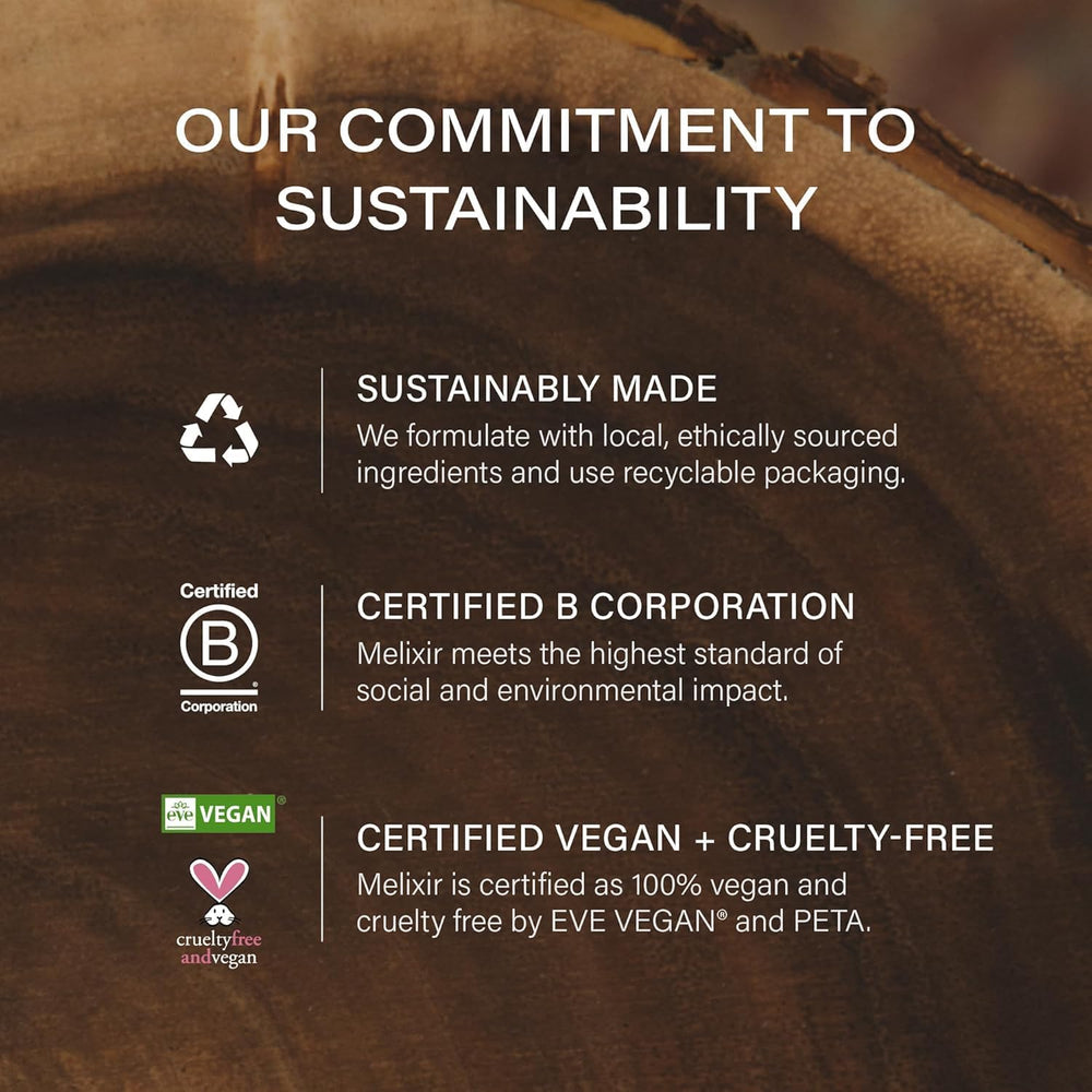 Melixir lip butter label with clean, vegan and B Corp certifications