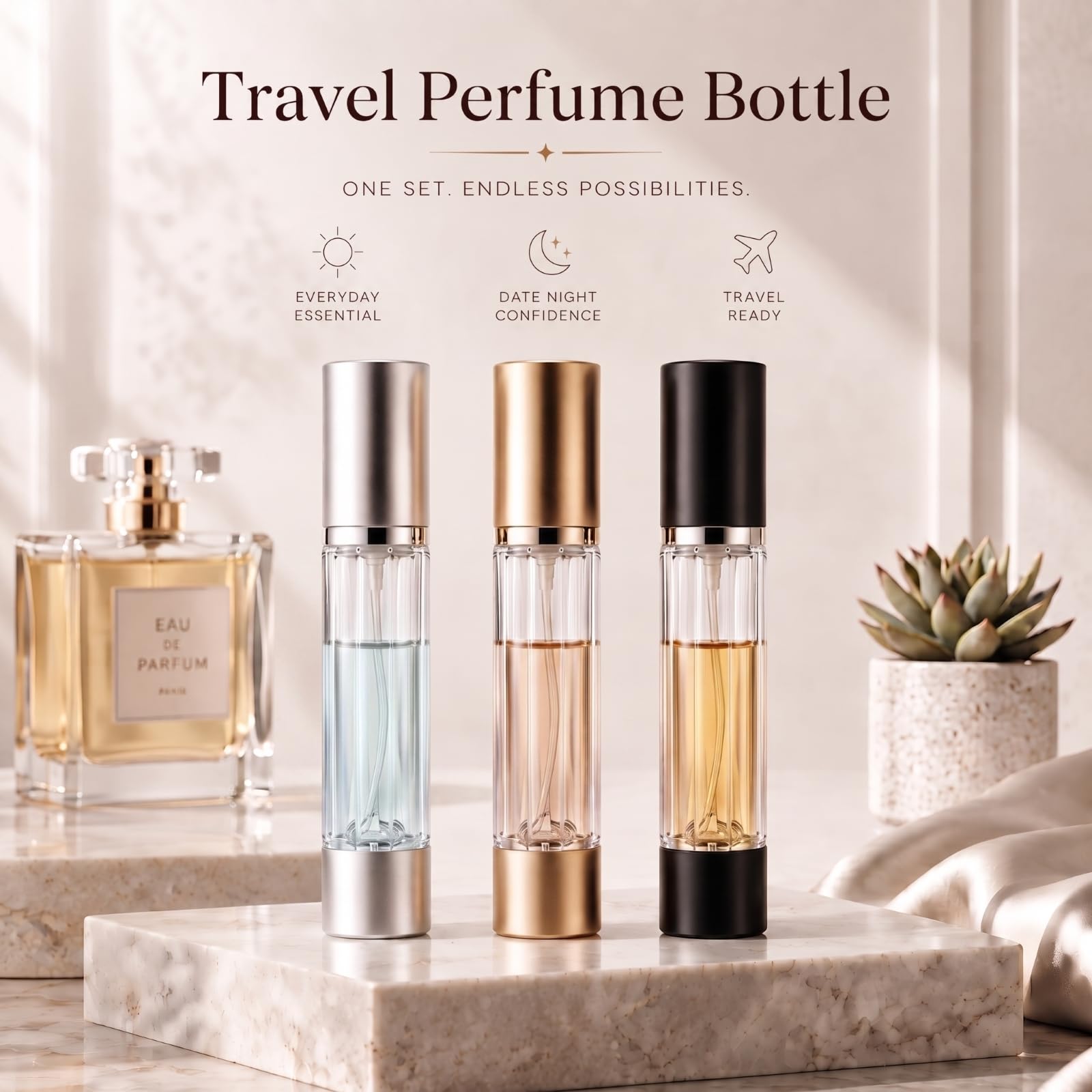 MELLEVOK adapter set displayed for easy refills from most perfume bottles