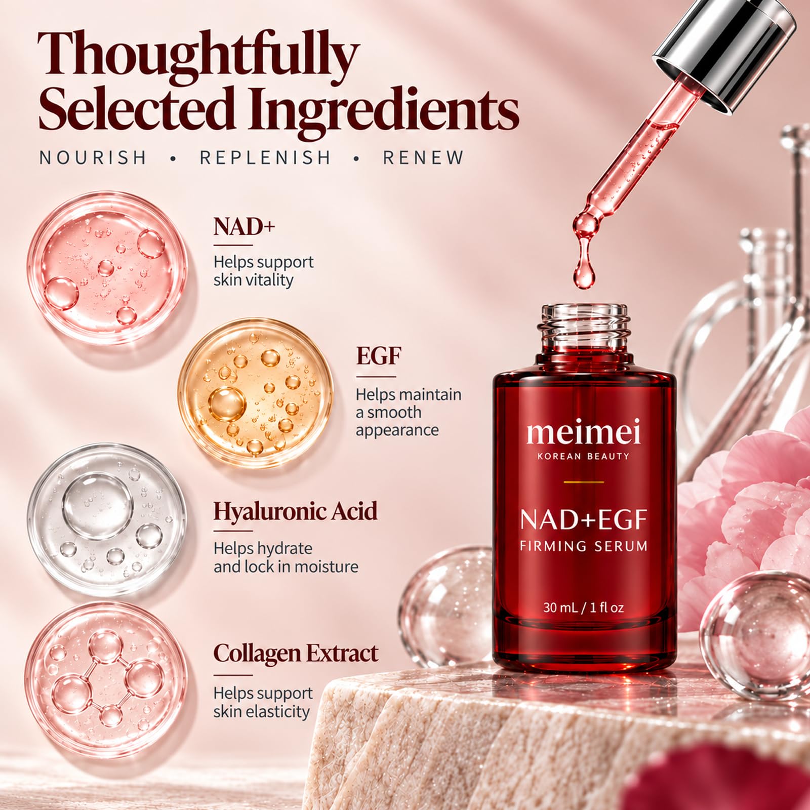 MELMS Meimei 30 mL bottle next to common items to show compact size benefit