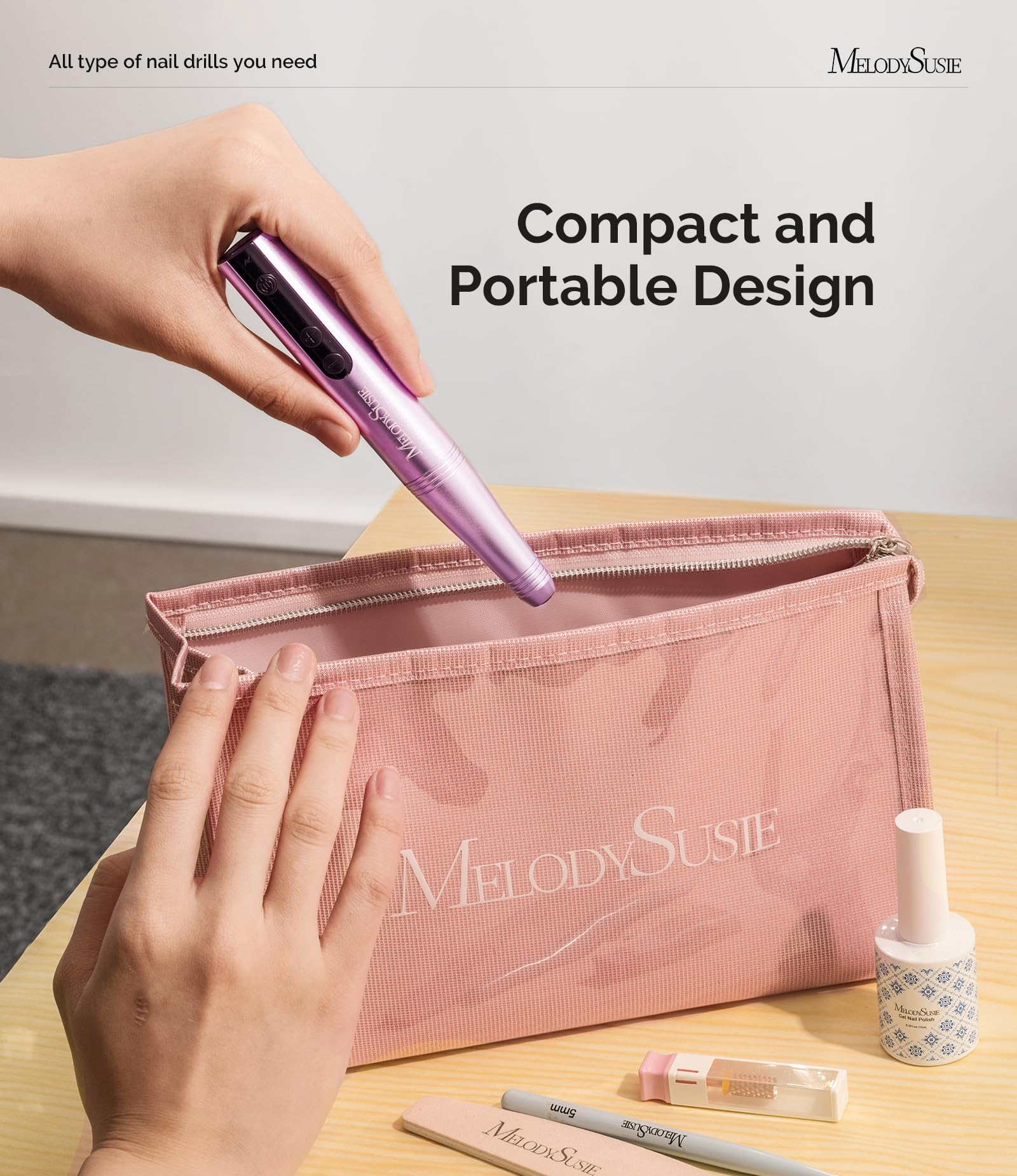 MelodySusie handpiece with 11 metal bits displayed for versatile nail work