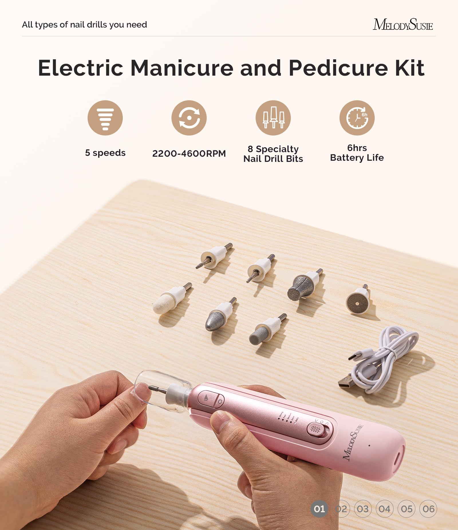 MelodySusie closeup of eight drill bits highlighting versatility for nails and calluses benefit