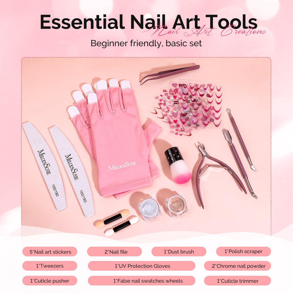 MelodySusie chrome powders and stickers displayed for decorative effects and creativity benefit