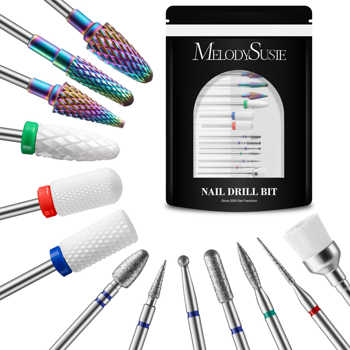 MelodySusie front packaging showing full 13-piece kit for versatile nail work