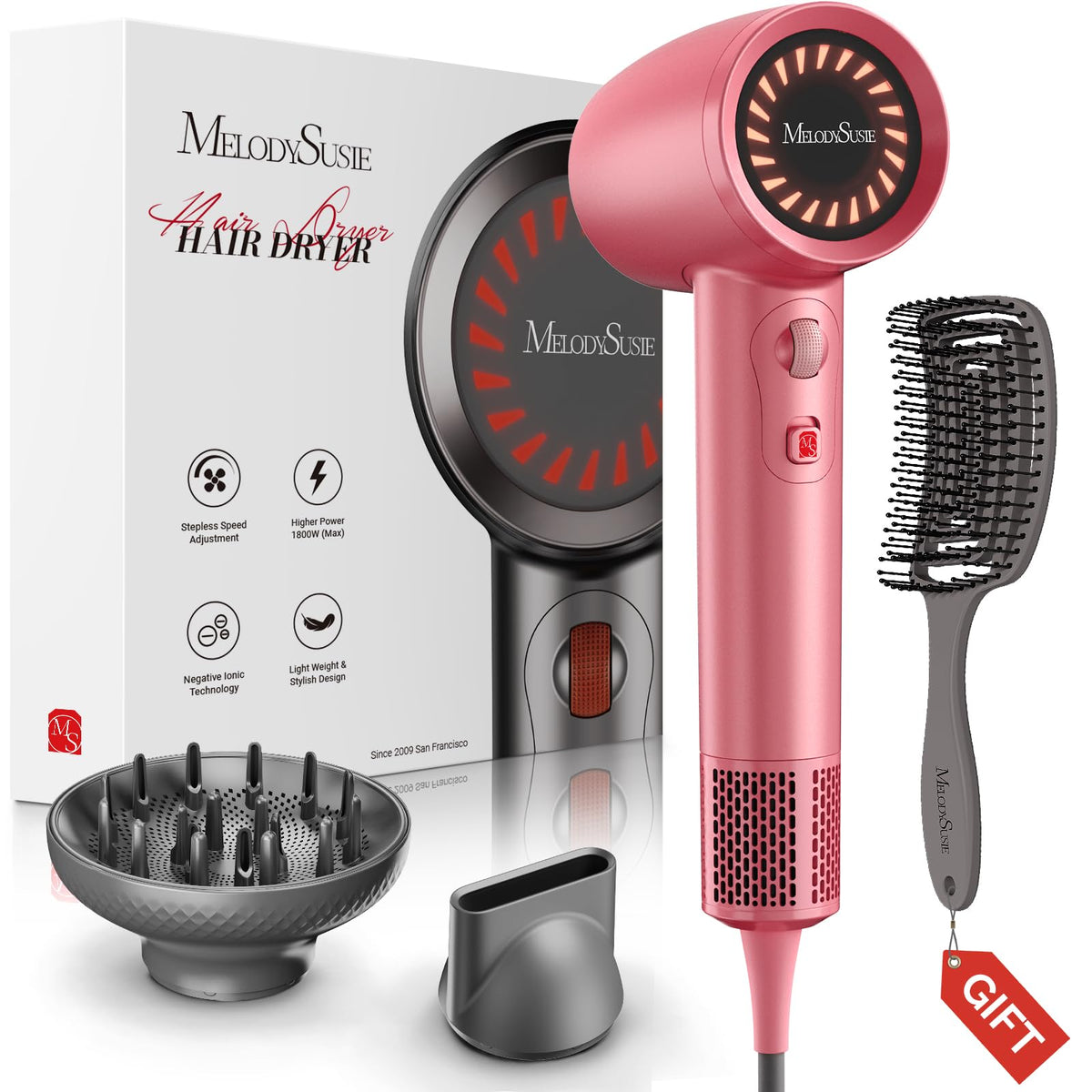 MelodySusie hair dryer front view showing compact body and ergonomic handle for comfortable styling