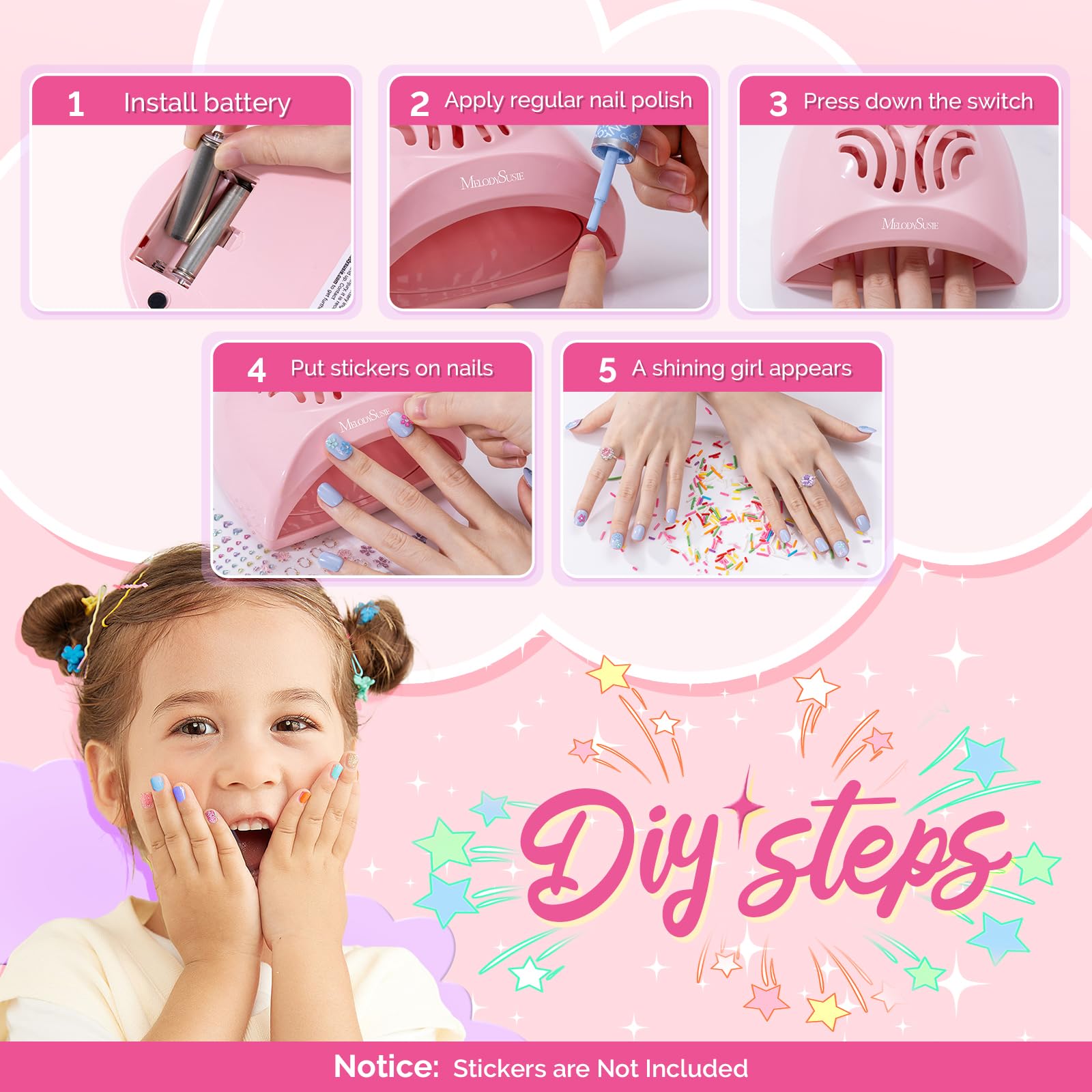Child using MelodySusie drying nails at a table showing quick-dry convenience