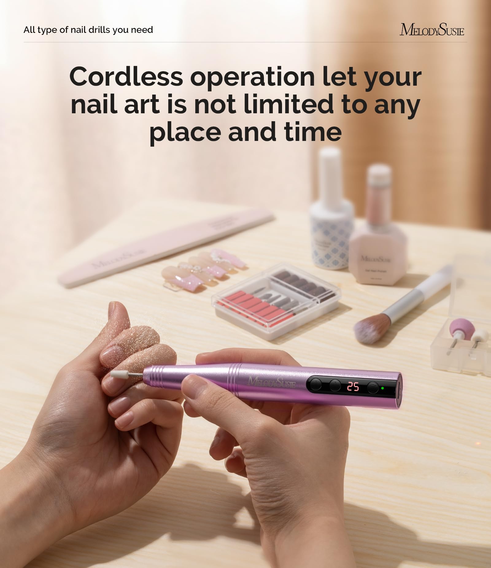 MelodySusie drill packed in a travel kit illustrating cordless convenience