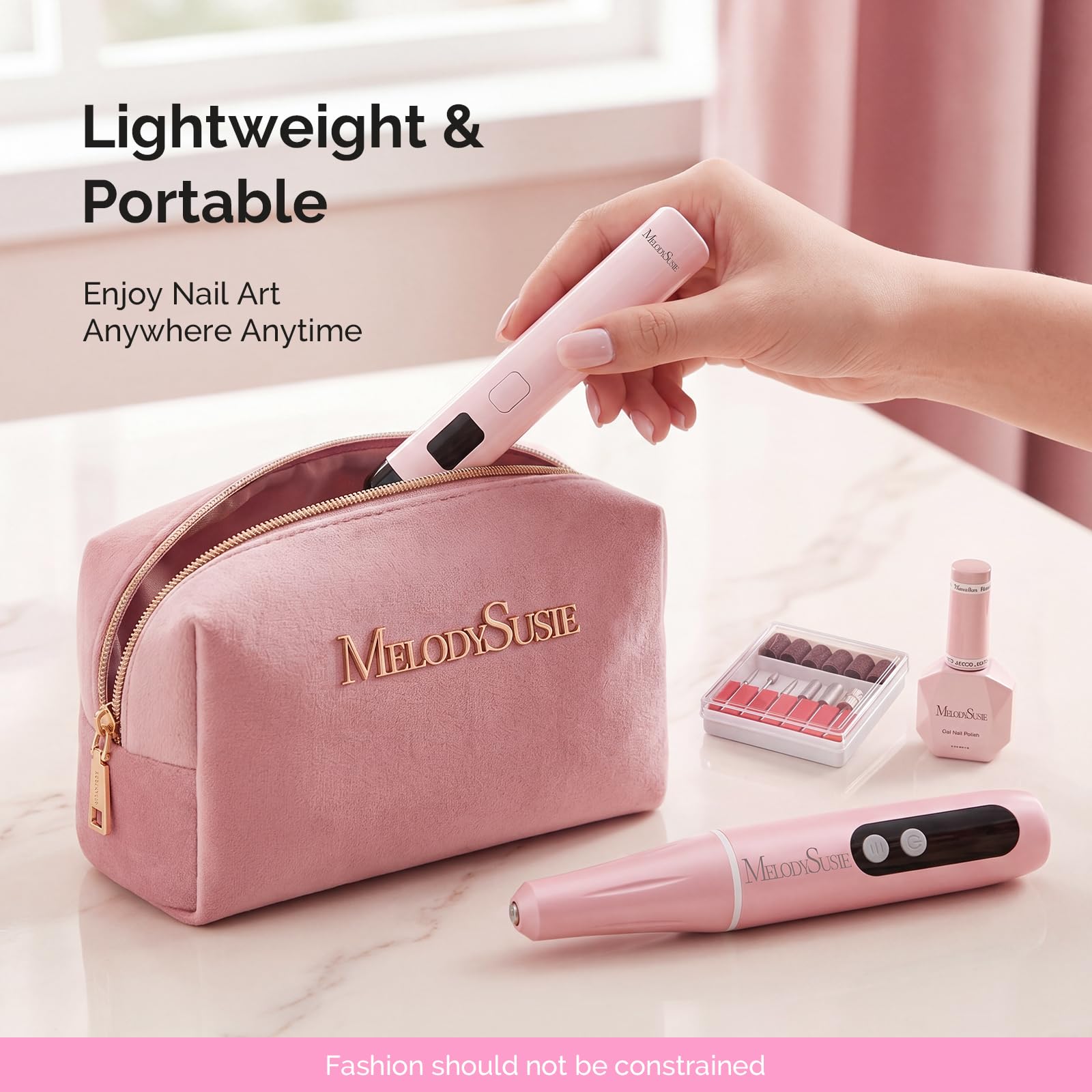 MelodySusie kit packed in travel pouch for on-the-go nail touch-ups